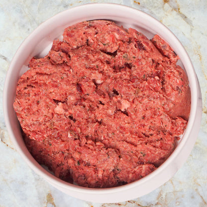 Albright’s Beef and Pork Complete and Balanced Raw Dog Food products displayed together, sold by Benny’s Raw Dog Food