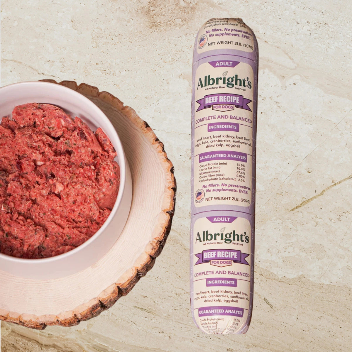Albright’s Beef Complete and Balanced Raw Dog Food chub packaging, sold by Benny’s Raw Dog Food
