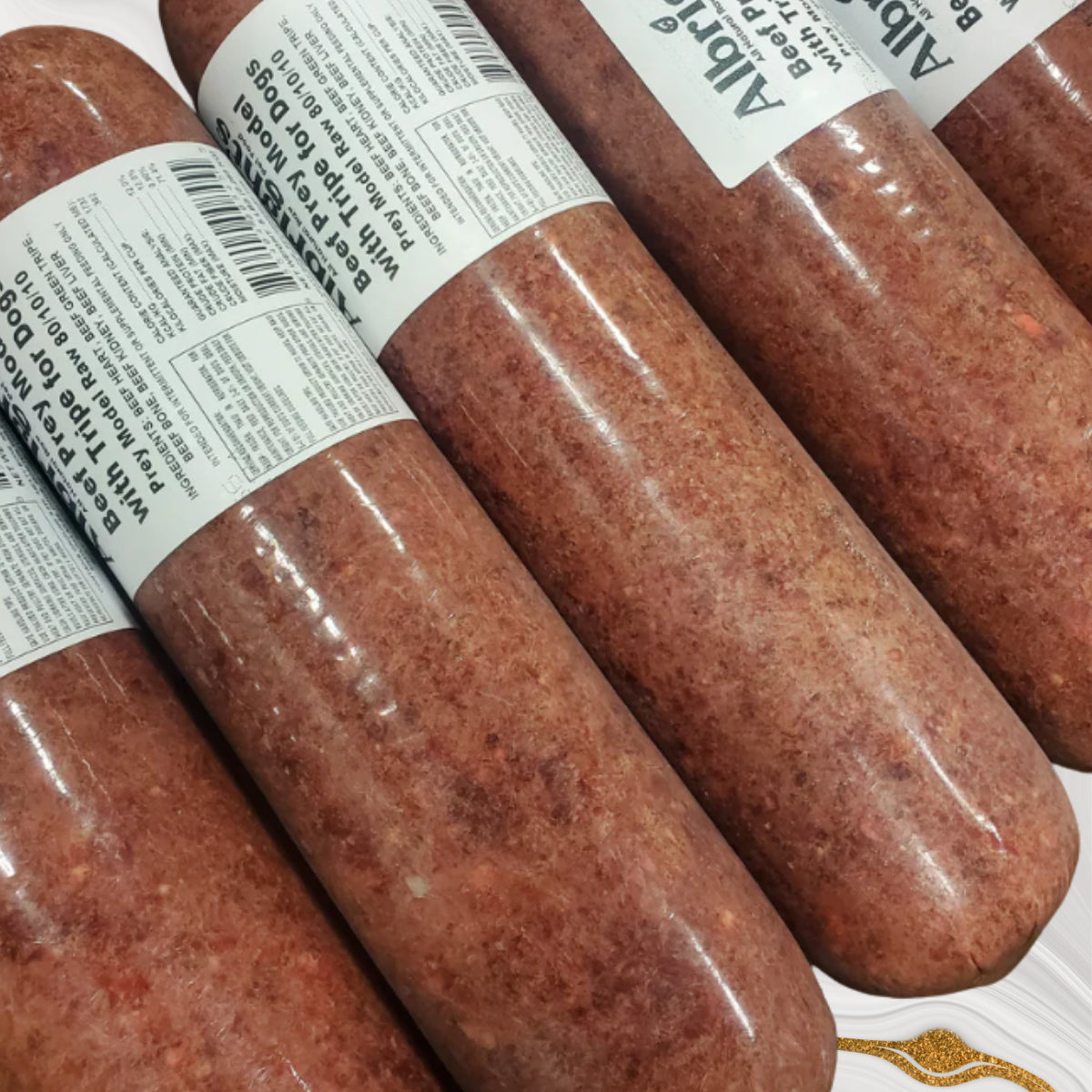 Albright’s Beef PMR Prey Model Raw dog food with tripe in frozen tubes, 80/10/10 raw diet, sold by Benny’s Raw Dog Food