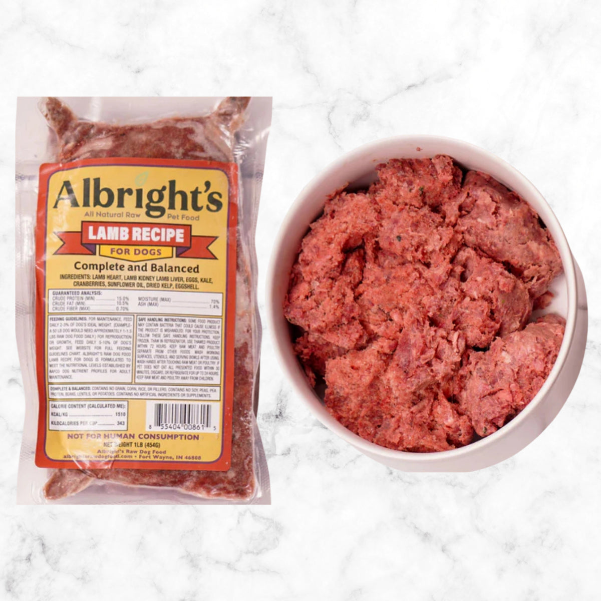 Albright’s Lamb Complete and Balanced Raw Dog Food package with prepared bowl, sold by Benny’s Raw Dog Food
