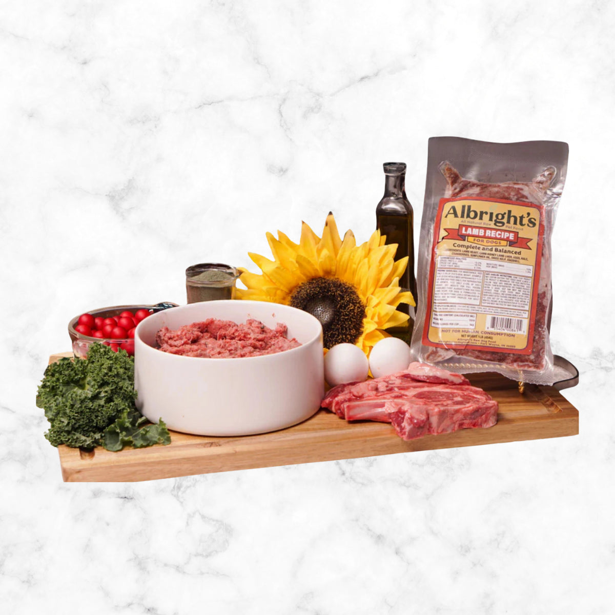 Ingredients used in Albright’s Lamb Complete and Balanced Raw Dog Food by Benny’s Raw Dog Food