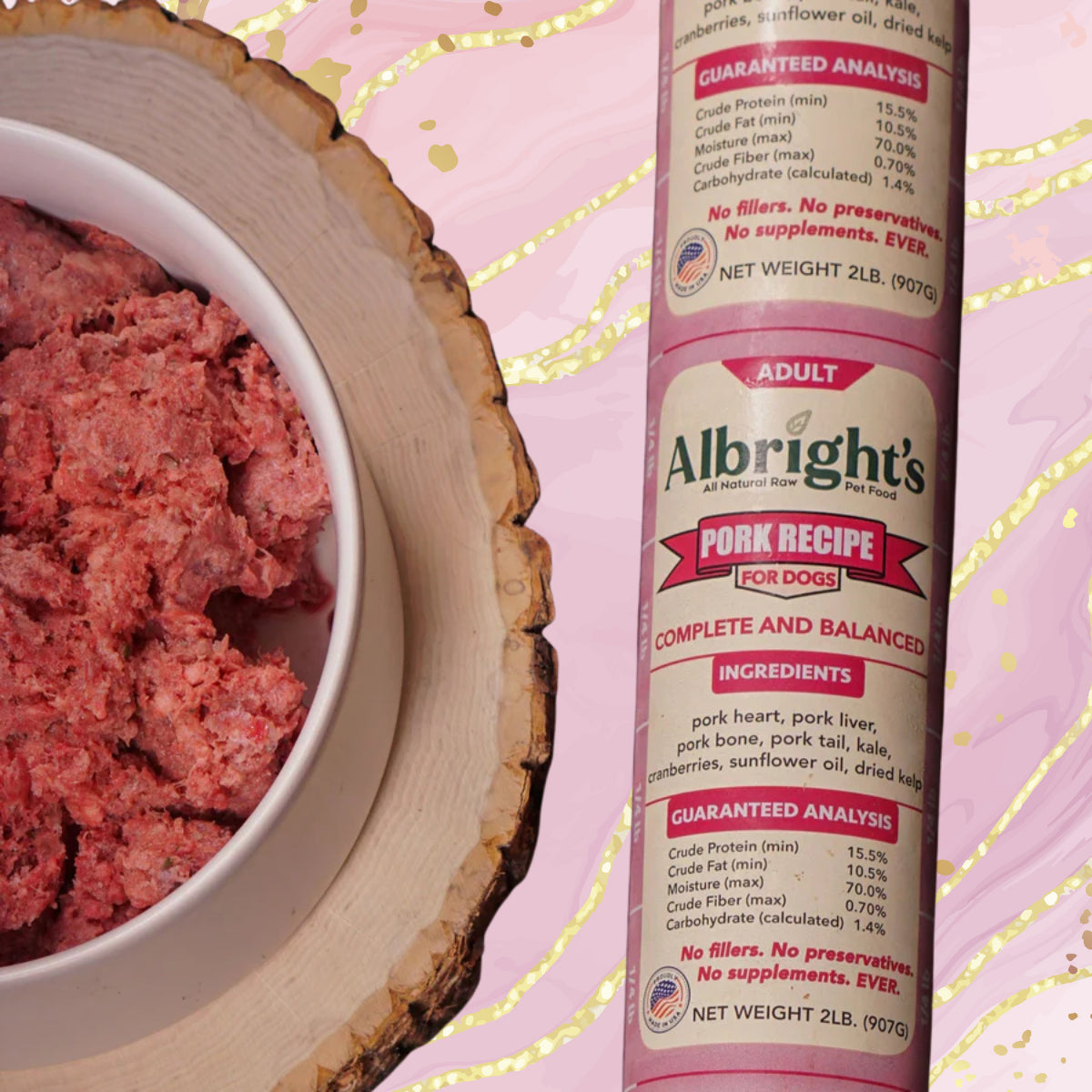 Albright’s Pork Complete and Balanced Raw Dog Food shown in a bowl with packaged chub, sold by Benny’s Raw Dog Food
