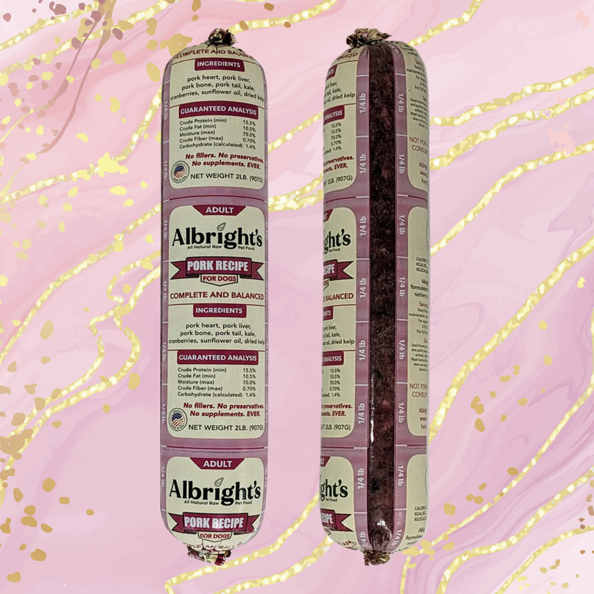 Albright’s Pork Complete and Balanced Raw Dog Food chub packaging, sold by Benny’s Raw Dog Food
