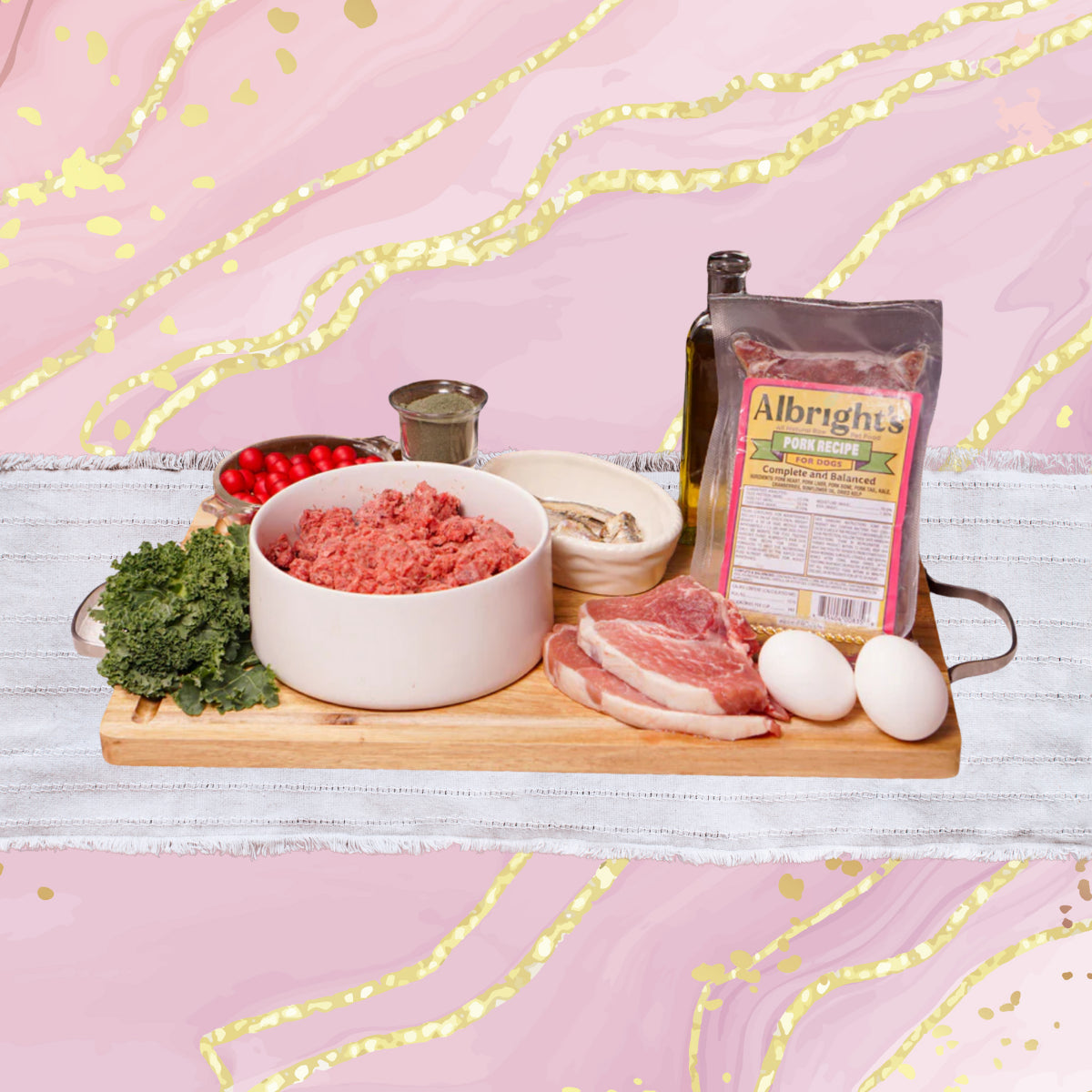 Ingredients used in Albright’s Pork Complete and Balanced Raw Dog Food by Benny’s Raw Dog Food
