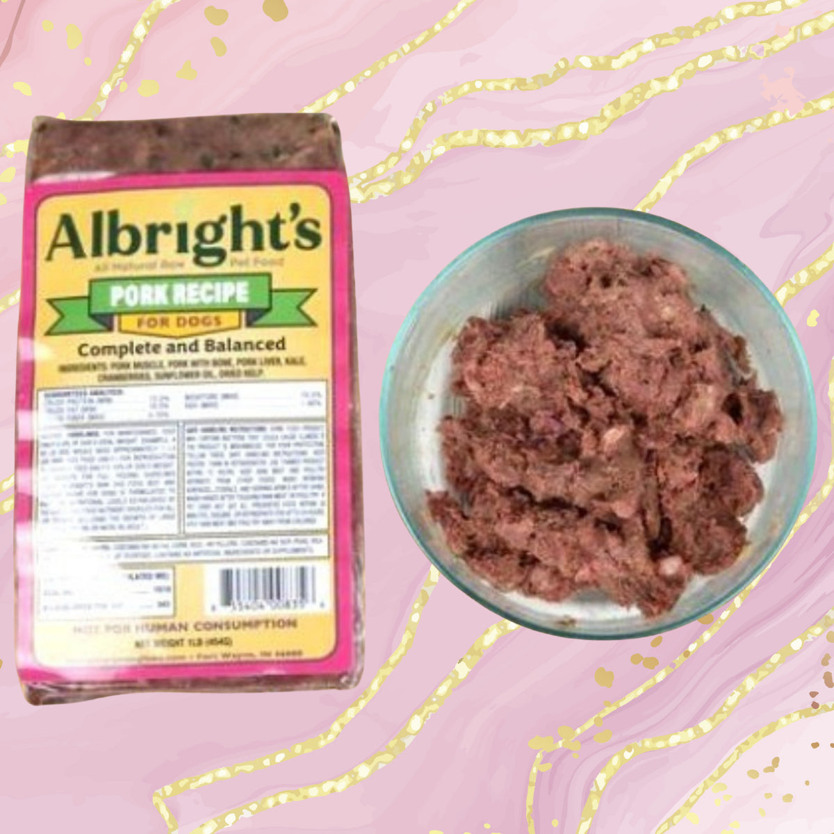 Albright’s Pork Complete and Balanced Raw Dog Food package with prepared bowl, sold by Benny’s Raw Dog Food