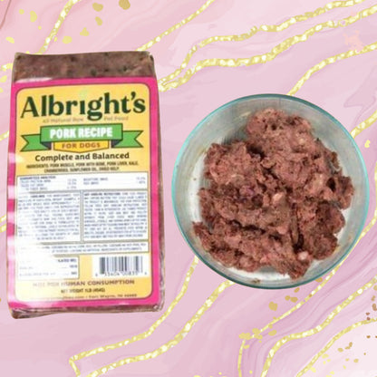Albright’s Pork Complete and Balanced Raw Dog Food package with prepared bowl, sold by Benny’s Raw Dog Food