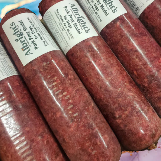 Albright’s Pork PMR Prey Model Raw dog food with tripe, 80/10/10 raw diet, sold by Benny’s Raw Dog Food