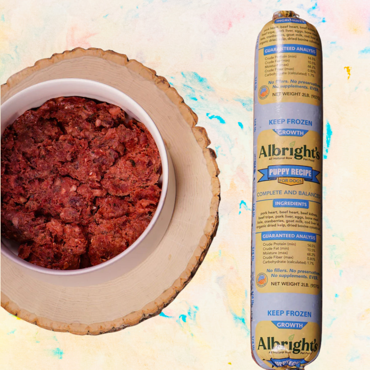 Albright’s Puppy Recipe complete and balanced raw dog food bowl with chub
