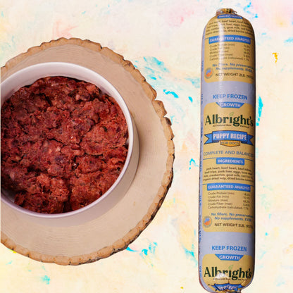Albright’s Puppy Recipe complete and balanced raw dog food bowl with chub
