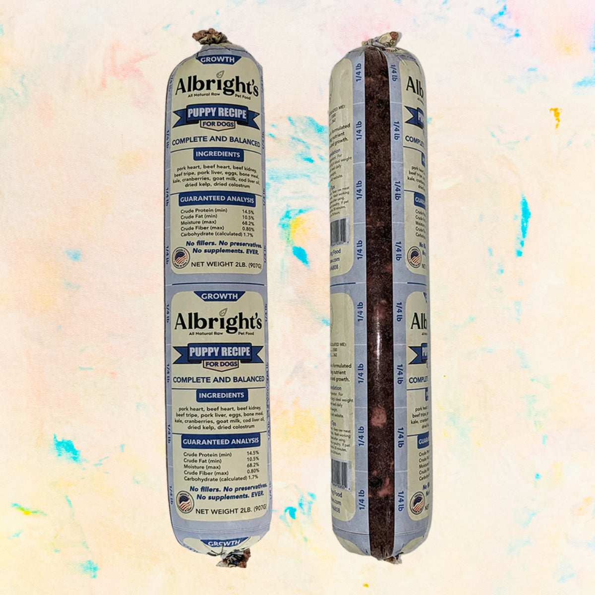 Two packages of Albright's puppy food on a colorful background