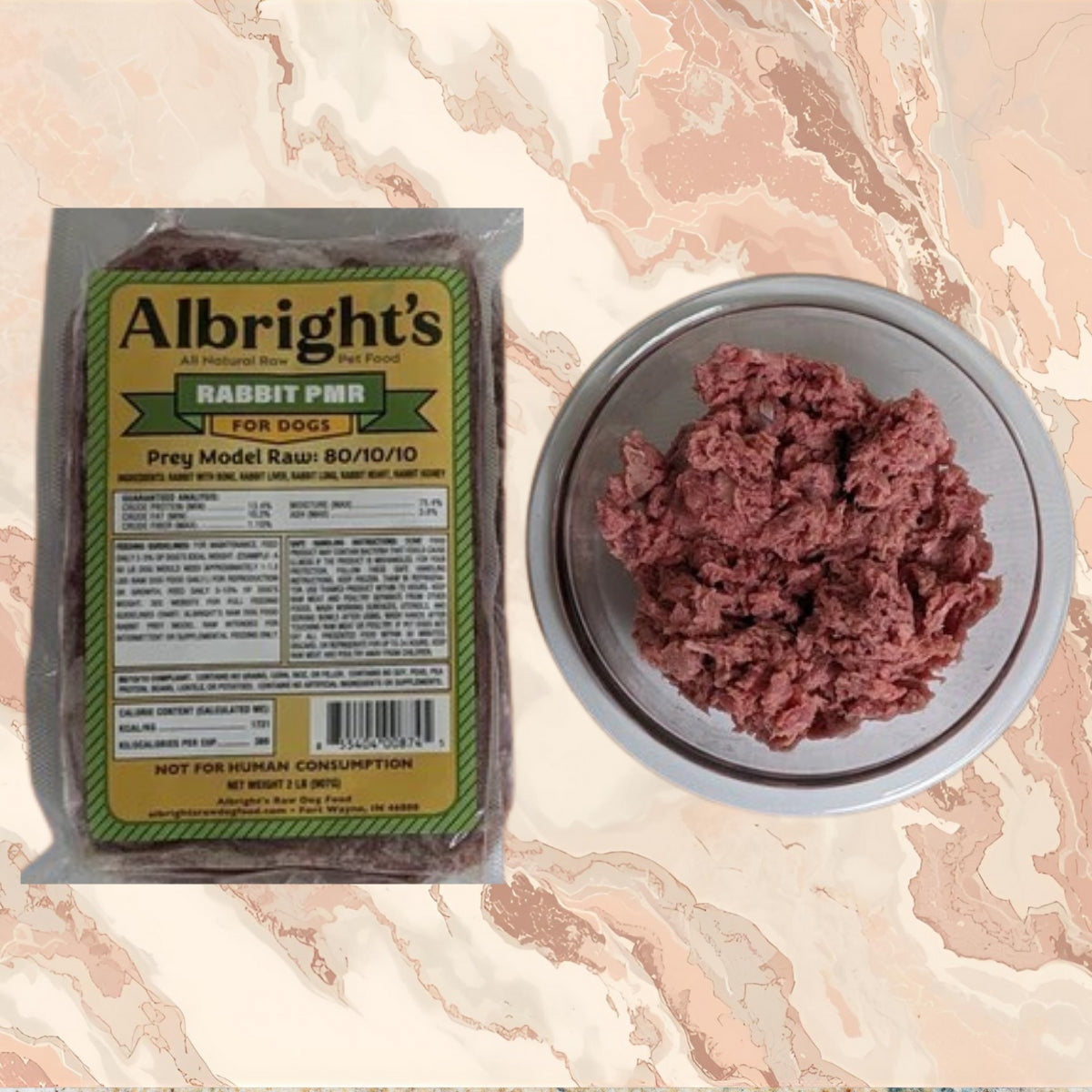 Albright's Rabbit Pro pet food package with a bowl of pet food on a marble surface