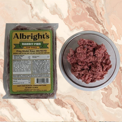 Albright's Rabbit Pro pet food package with a bowl of pet food on a marble surface
