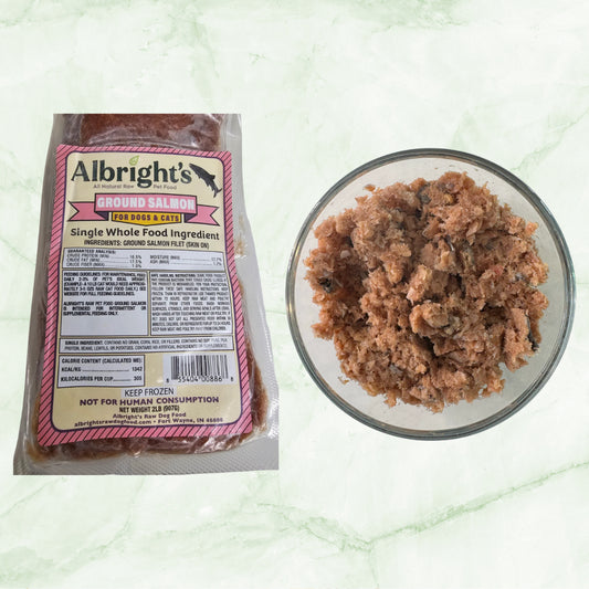 Albright’s raw ground salmon dog food shown packaged and in a bowl, part of the Salmon PMR 80/10/10 prey model raw diet, sold by Benny’s Raw Dog Food