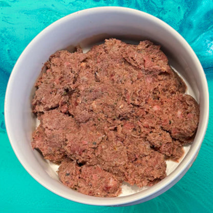 Albright’s Salty Dog Senior Complete and Balanced Raw Dog Food served in a bowl, sold by Benny’s Raw Dog Food
