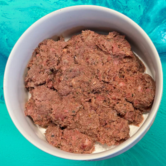 Albright’s Salty Dog Senior Complete and Balanced Raw Dog Food served in a bowl, sold by Benny’s Raw Dog Food
