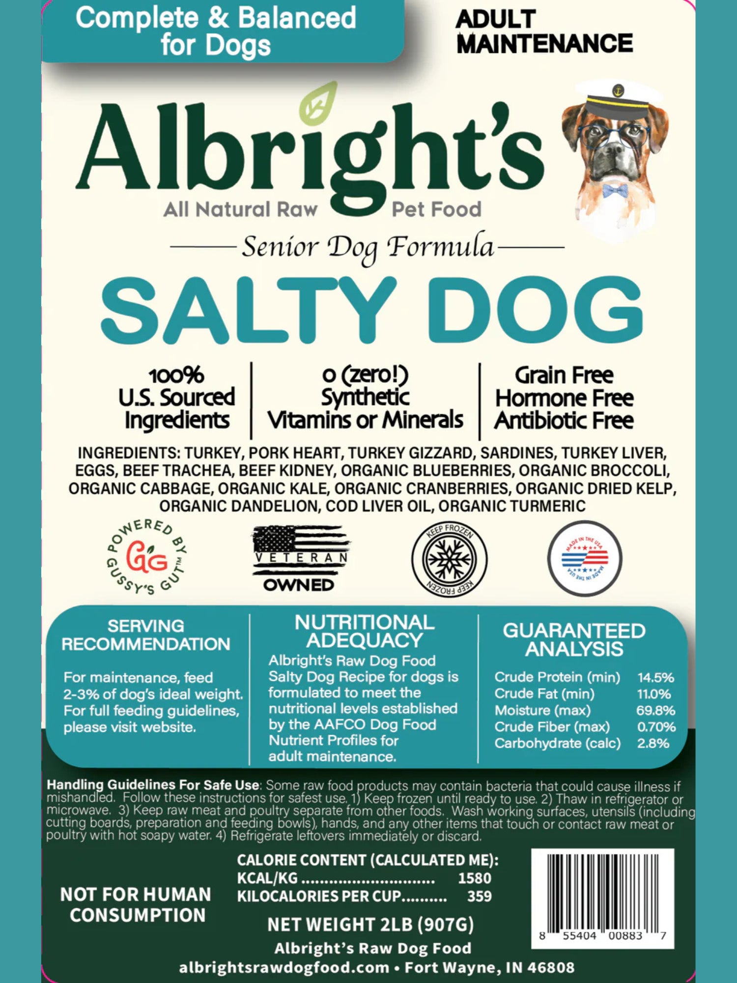 Albright's Salty Dog senior dog food packaging with ingredients and nutritional information.