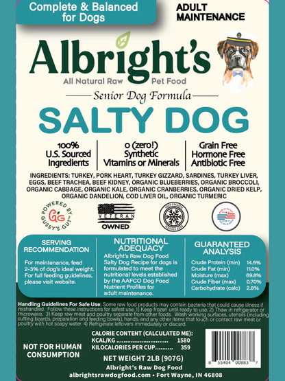 Albright's Salty Dog senior dog food packaging with ingredients and nutritional information.