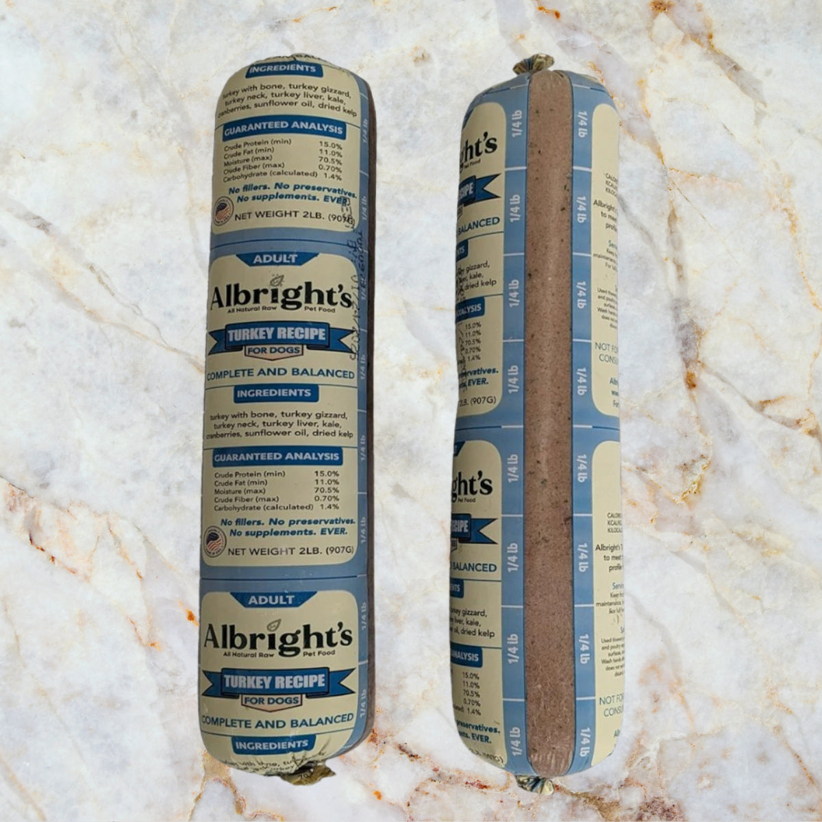 Albright’s Turkey Complete and Balanced Raw Dog Food 2 lb tube shown front and back, sold by Benny’s Raw Dog Food