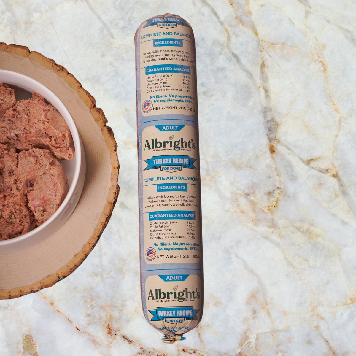 Single 2 lb tube of Albright’s Turkey Complete and Balanced Raw Dog Food, sold by Benny’s Raw Dog Food