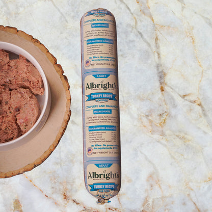 Single 2 lb tube of Albright’s Turkey Complete and Balanced Raw Dog Food, sold by Benny’s Raw Dog Food