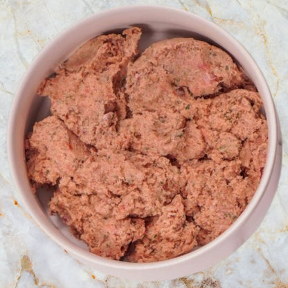 Prepared Albright’s Turkey Complete and Balanced Raw Dog Food in bowl, sold by Benny’s Raw Dog Food