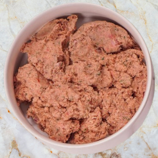 Prepared Albright’s Turkey Complete and Balanced Raw Dog Food in bowl, sold by Benny’s Raw Dog Food