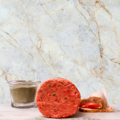 Packaged Albright’s Turkey Complete and Balanced Raw Dog Food with serving bowl, sold by Benny’s Raw Dog Food