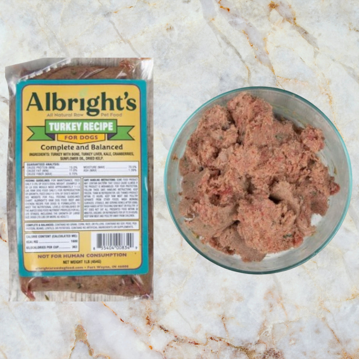 Packaged Albright’s Turkey Complete and Balanced Raw Dog Food with serving bowl, sold by Benny’s Raw Dog Food