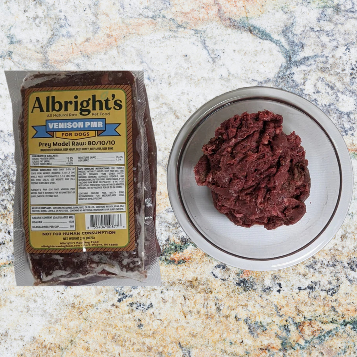 Packaged Albright’s Venison Prey Model Raw dog food labeled 80/10/10, shown with raw ground venison in a bowl, sold by Benny’s Raw Dog Food