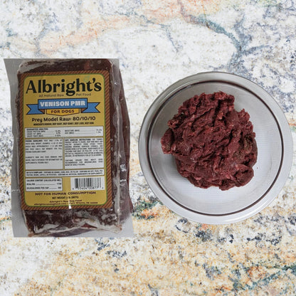 Packaged Albright’s Venison Prey Model Raw dog food labeled 80/10/10, shown with raw ground venison in a bowl, sold by Benny’s Raw Dog Food