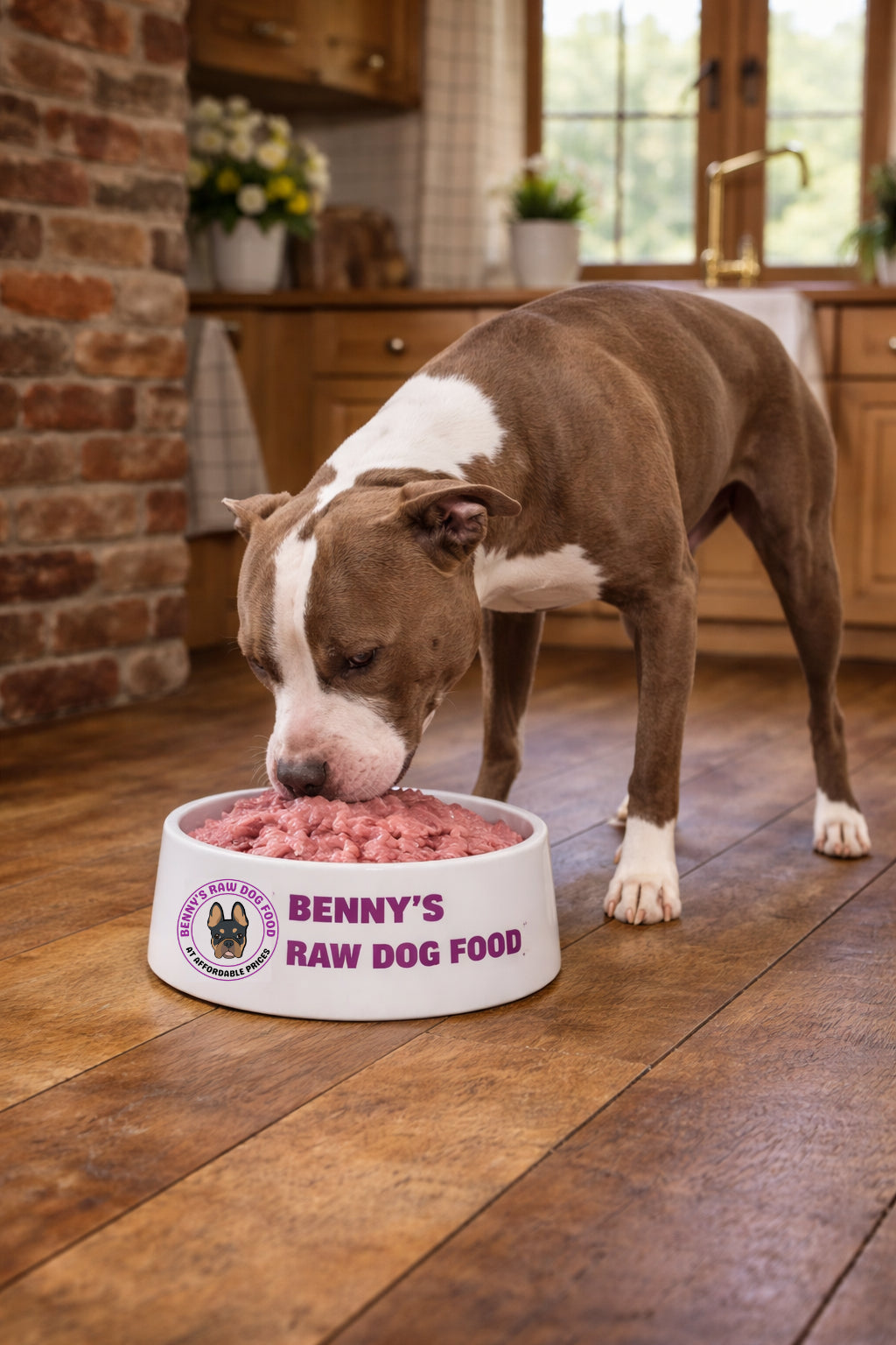Dog eating out of a Benny's Raw Dog Food bowl