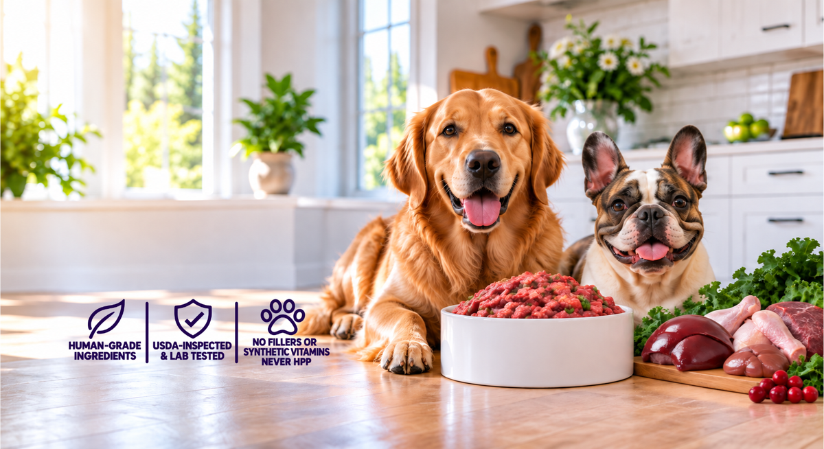 Golden Retriever and French Bulldog with fresh raw dog food in a bright kitchen