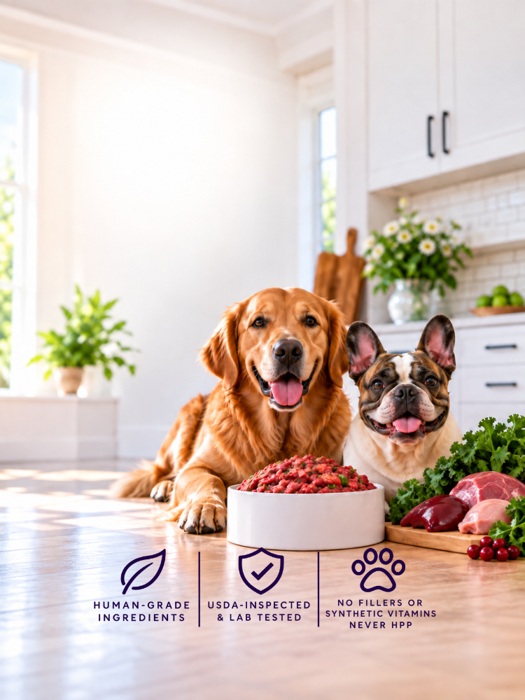 Golden Retriever and French Bulldog with fresh raw dog food in a bright kitchen.