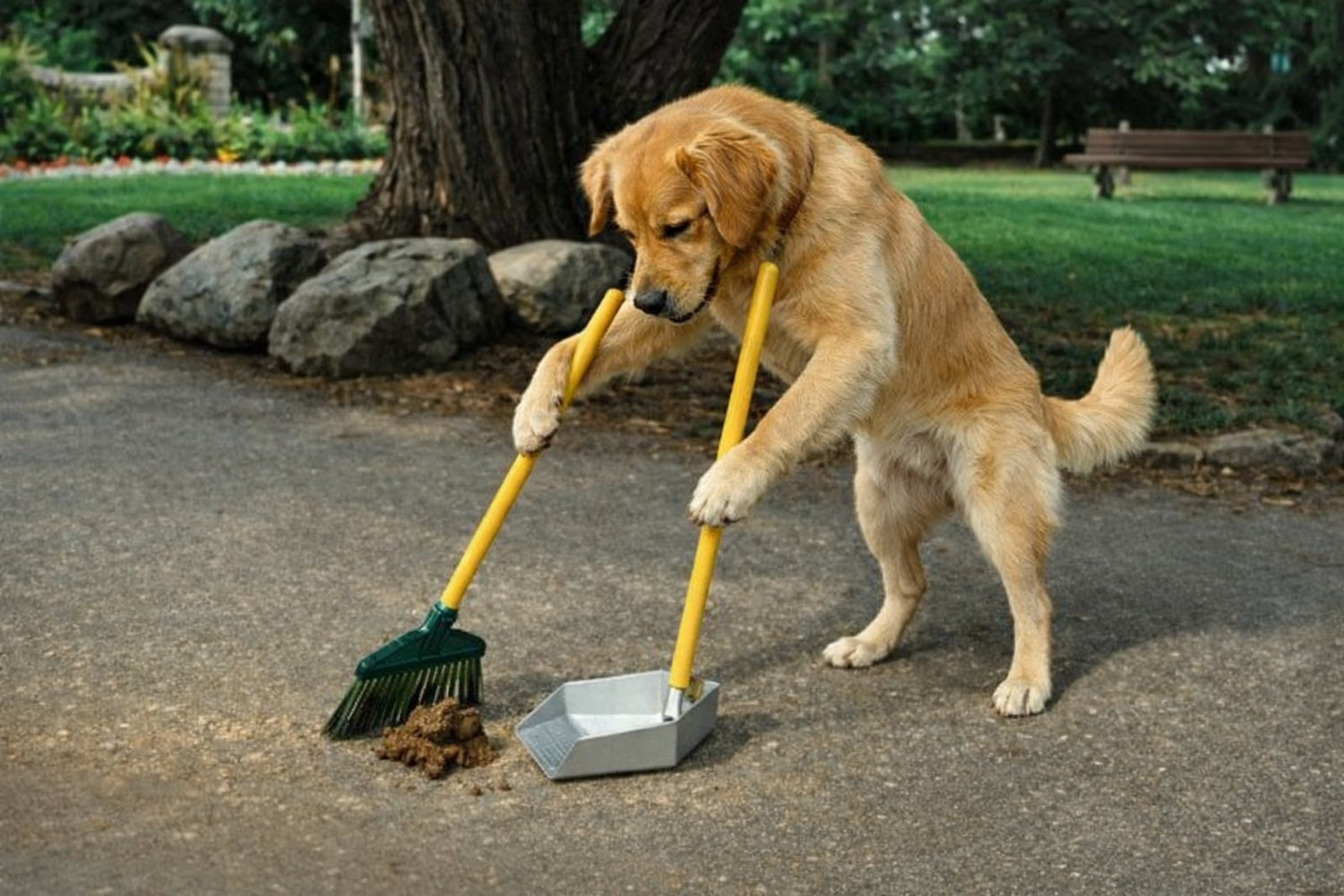 Golden retriever using a broom and dustpan to clean up dog poop in a park