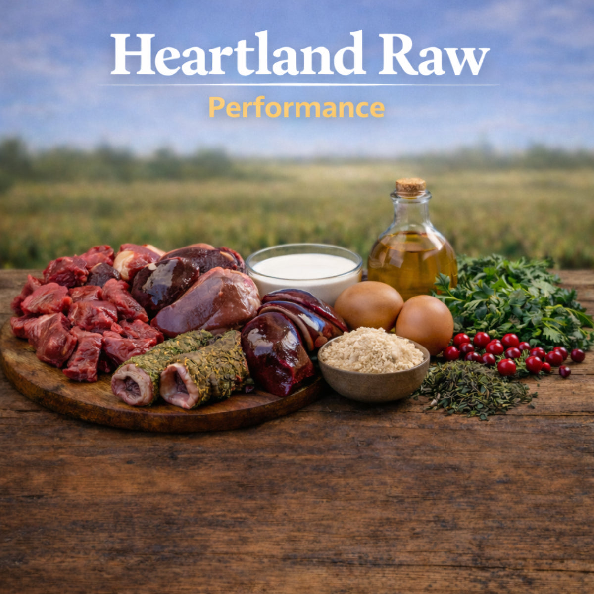 Heartland Raw Performance beef raw dog food ingredients including beef, beef heart, liver, kidney, trachea, bone, kale, cranberries, goat milk, kelp and cod liver oil at Benny’s Raw Dog Food