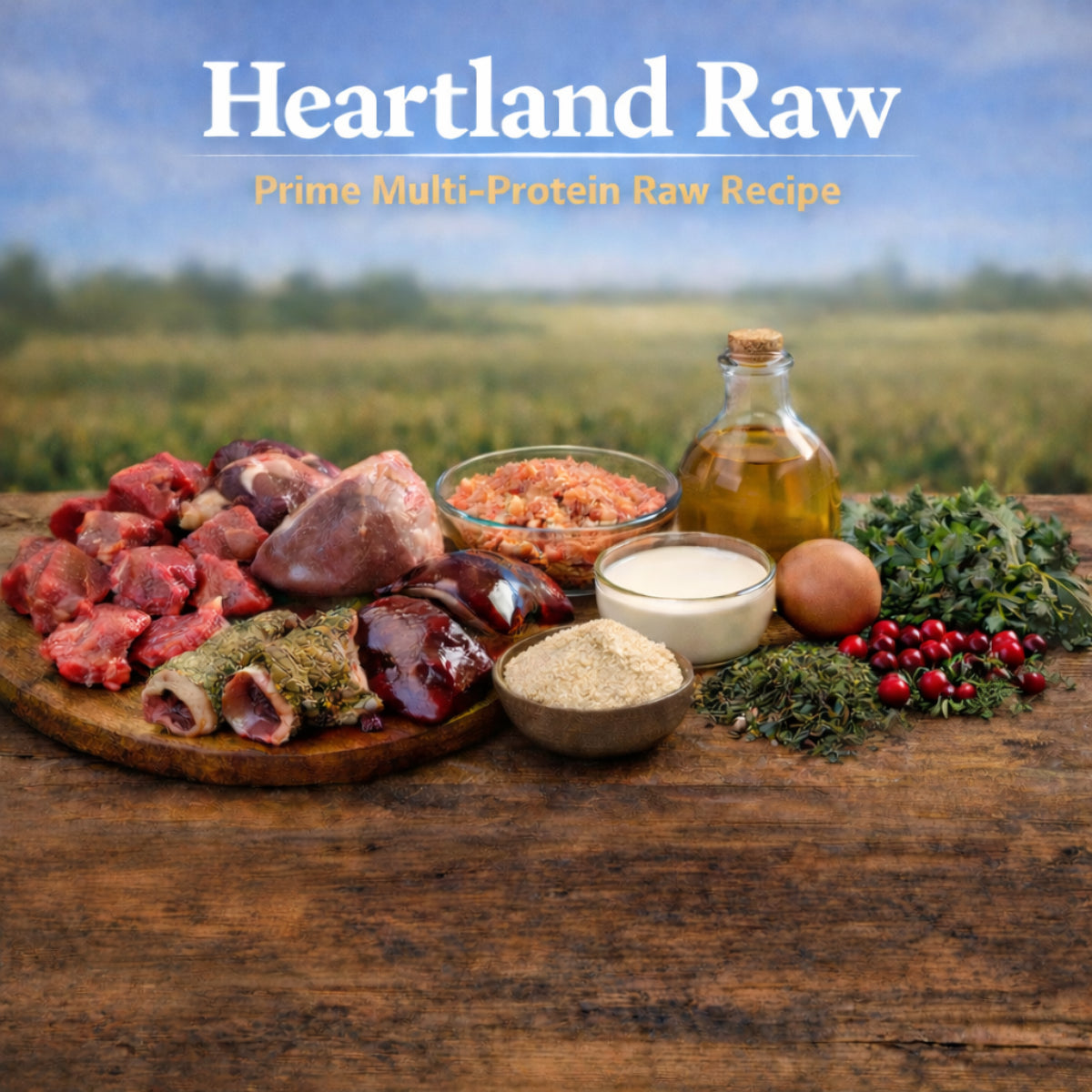 Heartland Raw Prime multi-protein raw dog food ingredients including beef, pork heart, salmon, liver, kidney, tripe, kale, cranberries, goat milk, eggs and cod liver oil at Benny’s Raw Dog Food