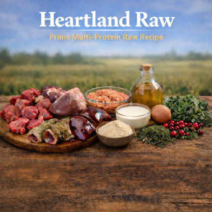 Heartland Raw Prime multi-protein raw dog food ingredients including beef, pork heart, salmon, liver, kidney, tripe, kale, cranberries, goat milk, eggs and cod liver oil at Benny’s Raw Dog Food