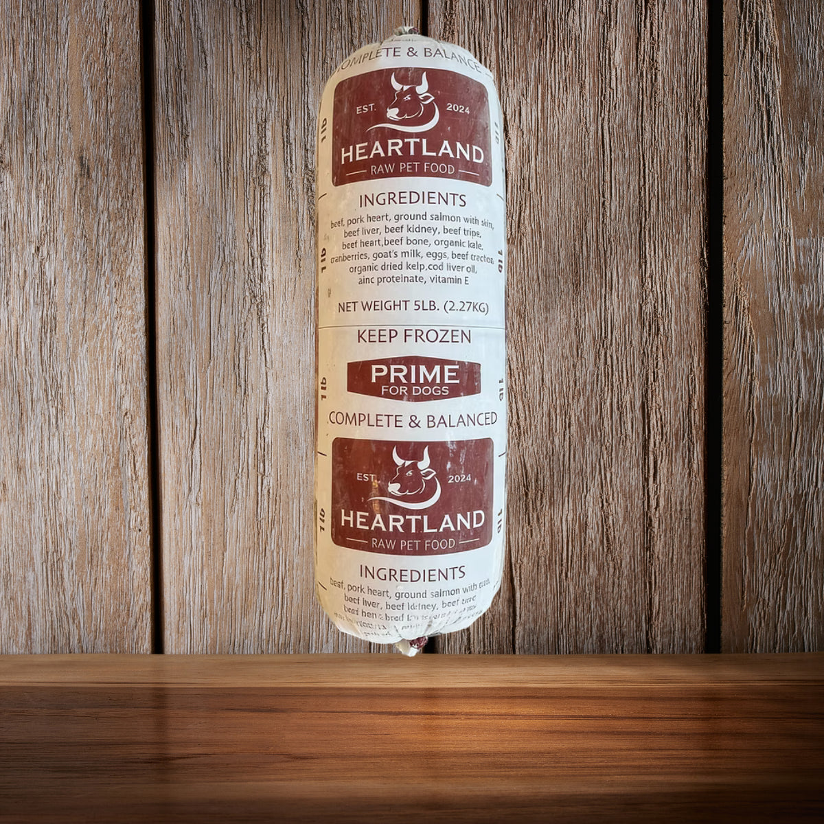 Heartland Raw Prime complete and balanced multi-protein raw dog food tube package for dogs available at Benny’s Raw Dog Food