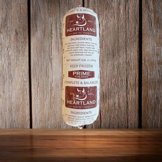 Heartland Raw Prime complete and balanced multi-protein raw dog food tube package for dogs available at Benny’s Raw Dog Food